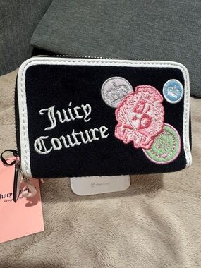 Juicy Couture Black Embroidered Patch Zip Wallet with Pink & Pastel Accents